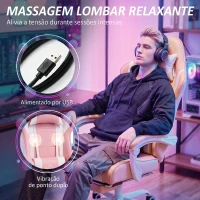 HOMCOM Cadeira Gaming Reclinável 155° com Suporte Lombar com Massagem Apoio de Cabeça e Apoio para os Pés 63x66x126-134 cm Rosa(m-4)
