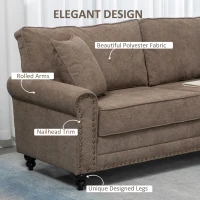 HOMCOM 196cm 3 Seater Sofa, Fabric Sofa with Rubber Wood Legs, Nailhead Trim, 2 Pillows, Small Upholstered Couch Settee for Living Room, Guest Room, Brown(m-5)