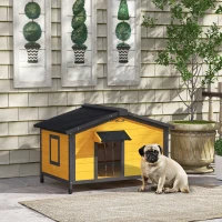 PawHut Casa para Cães de Madeira Casa para Animais de Estimação com Teto Asfáltico 2 Janelas Porta com Cortina 97x72x65 cm Madeira(m-10)