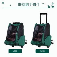 PawHut Trasportino Zaino 2 in 1 per Cani e Gatti con Tasche Laterali, Maniglia Telescopica e Ruote, 42x25x55cm, Verde(m-4)