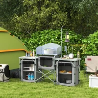 Outsunny Armário de Cozinha para Camping Dobrável com 3 Bancadas, 4 Ganchos, Poste de Luz e Bolsa de Transporte, 172x48x130 cm, Cinzento(m-10)