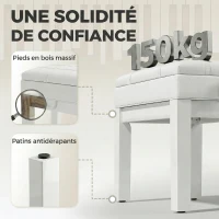 HOMCOM Banquette tabouret siège pour piano coffre intégré hauteur réglable bois hévéa assise revêtement synthétique blanc(m-7)