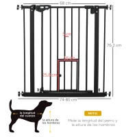 PawHut Barrera de Seguridad Extensible con Puerta Pequeño Cierre Automático y Sistema de Doble Bloqueo 74-80x76,2 cm Negro(m-3)