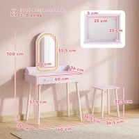 AIYAPLAY Toucador Infantil para Menina com Espelho LED de 3 Cores, Banco e 2 Gavetas, 3-8 Anos, Rosa(m-3)