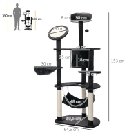 PawHut Árvore Arranhador para Gatos Grande Altura 153cm Torre de Escalada para Gatos com Caverna Redes Plataformas Postes Arranhadores de Sisal e Bola Suspensa Cinza Escuro(m-3)