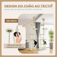 PawHut Arranhador para Gatos do Solo ao Teto de 230-250 cm  com Altura Ajustável Múltiplas Plataformas Rede Bolas Suspensas Bege(m-5)