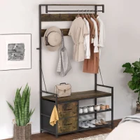 HOMCOM Móvel Cabide de Entrada com Banco 10 Ganchos 2 Gavetas e Barra para Pendurar Estilo Industrial 100x40x180 cm Castanho Rústico(m-8)