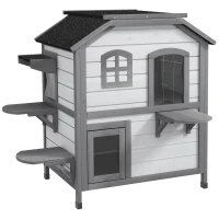 PawHut Kattenhuis Kattenhok Kattenhol, 2 Verdiepingen, weerbestendig, 78,1 cm x 55,2 cm x 90,8 cm, Wit + Grijs(m-1)