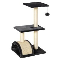 PawHut Albero per Gatti a 3 Livelli con Tappetino Tiragraffi ad Arco, in Legno, Peluche e Sisal, 40x35x72 cm, Grigio(m-1)
