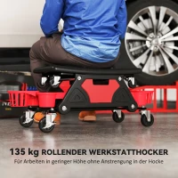 HOMCOM Werkplaatskruk met Afneembare Zitting en Wielen, Opbergruimte, 33cm Hoog, Tot 135 kg, Rood(m-4)