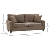 HOMCOM 196cm 3 Seater Sofa, Fabric Sofa with Rubber Wood Legs, Nailhead Trim, 2 Pillows, Small Upholstered Couch Settee for Living Room, Guest Room, Brown(m-3)