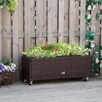Outsunny Hochbeet Poly Rattan mit Rollen Pflanzkasten mit Abflusslöchern Blumenkasten Blumenkübel Kaffee-Braun 94,5 x 31 x 36 cm(m-10)