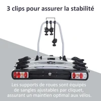 HOMCOM Porte-vélos d'attelage 3 vélos -Porte-vélos sur Boule d'attelage Broches 3 vélos - Sangles de sécurité, Bloque-Cadres intégrés - Espace Plaque immatriculation - alu. Noir(m-5)