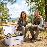 Outsunny Geleira Elétrica de Compressor 25L Portátil até -20℃ com Luz LED e Alças Dobráveis Geleira de Carro 12V/24V e 240V para Casa Campismo Viagem 58,5x33,5x35,2cm Branco(m-8)