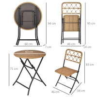Outsunny Conjunto de Mesa y 2 Sillas Plegables de Ratán con Respaldo para Jardín Terraza Exterior Estructura de Acero Ø60x71 cm y 46x56x83 cm Madera Natural(m-3)