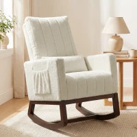 HOMCOM Silla Mecedora con Cojín Lumbar Tapizada en Franela de Nieve Respaldo Alto Base de Madera Bolsillos Laterales Crema(m-9)