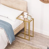 HOMCOM C-Shaped Side Table, Modern Slim End Table with Tempered Glass Tabletop, Steel Frame for Small Space, Living Room, Bedroom, Gold Tone(m-7)