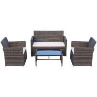 Outsunny 4 Pieces PE Rattan Garden Sofa Set with Cushions, Outdoor Patio Wicker Weave Conservatory Furniture Set with a Loveseat, 2 Armchairs and a Glass Top Coffee Table, Mixed Brown(m-20)