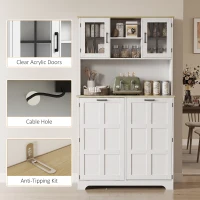 HOMCOM 175cm Tall Kitchen Cabinet, Kitchen Cupboard with Rubbish Bin Cabinet, 3 Door Shelves and 2 Acrylic Doors, White(m-8)