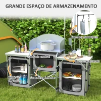 Outsunny Armário de Cozinha para Camping Dobrável com 3 Bancadas, 4 Ganchos, Poste de Luz e Bolsa de Transporte, 172x48x130 cm, Cinzento(m-4)