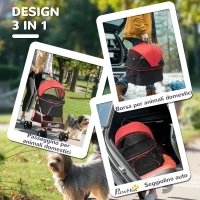 PawHut Passeggino per Cani Convertibile con 2 Guinzagli e Cuscino, in Acciaio e Poliestere, 82x49.5x98 cm, Rosso e Nero(m-5)