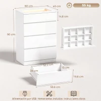 HOMCOM Cómoda de 4 Cajones con Joyero Encimera de Vidrio Templado Luces LED y Control Bluetooth Blanca(m-3)