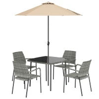 Outsunny 4 Seater Rattan Dining Set with Parasol, 6 Piece Garden Table and Stackable Chairs with Tempered Glass Tabletop(m-15)