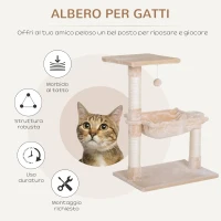 PawHut Torre per Gatti max 3.6kg con Amaca e Pallina Appesa, in Legno e Peluche, 50x36x70 cm, Beige(m-4)