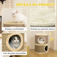 PawHut Krabton, 49 cm hoog, Ø35,5 cm tweelaagse kattenton met pluche rand krabmat, 2 holen Khaki+Koffie(m-5)