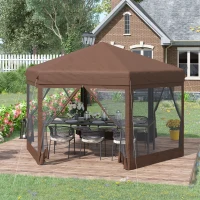 Outsunny 3.5m x 4m Hexagonal Pop Up Gazebo, Canopy Tent Sun Shelter for Patio Outdoor Party, Height Adjustable, with Mosquito Netting and Carry Bag - Brown(m-2)
