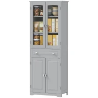 HOMCOM Freestanding Kitchen Cupboard, Storage Cabinet with 2 Adjustable Shelves, Drawer and Glass Door for Living Room, Grey(m-11)