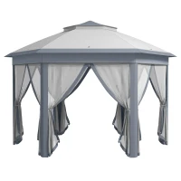 Outsunny Tenda Dobrável 4x3,4 m Tenda de Jardim Hexagonal com Duplo Tecto 6 Mosquiteiras Destacáveis e Saco de Transporte Cinzento(m-1)