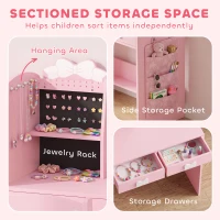 AIYAPLAY Kids Dressing Table, 3-in-1 Girls Vanity Set with Stool, 2-Colour Lights Mirror, Clothes Rack for Ages 3-8, Pink(m-6)