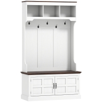HOMCOM Móvel Cabide de Entrada com Banco Sapateira 5 Ganchos 3 Prateleiras Armário e Compartimentos Estilo Rústico 105x40x180 cm Branco