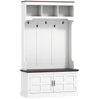 HOMCOM Móvel Cabide de Entrada com Banco Sapateira 5 Ganchos 3 Prateleiras Armário e Compartimentos Estilo Rústico 105x40x180 cm Branco(m-1)