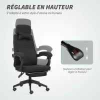 Vinsetto Fauteuil de bureau chaise de bureau grand confort dossier réglable repose-pied roulettes 360° lin 62 x 68 x 127 cm noir(m-4)