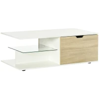 HOMCOM Mesa de Centro Moderna para Sala de Estar com Prateleira de Vidro Temperado e 2 Gavetas 106x58x39cm Branco e Madeira(m-1)