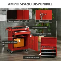 DURHAND Carrello Porta Attrezzi 2 in 1 con Cassetta Rimovibile e Armadietto con Chiave in Acciaio, Rosso(m-4)