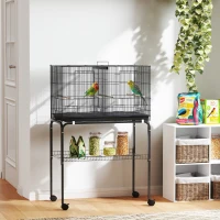 PawHut Gaiola para Pássaros com Divisória Rodas Gaiola para Aves com Comedouros Poleiros e Bandeja Removível 76x46x116 cm Preto(m-11)