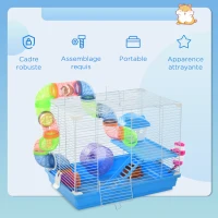 PawHut Cage à hamster rongeur 2 niveaux avec tunnel, biberon eau, roue, maisonnette, échelles dim. 46L x 30l x 37H cm, bleu(m-7)