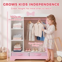 AIYAPLAY Kids Wardrobe with Lighted Mirror, Clothes Rail, Jewelry Cabinet, Shelves, Storage Boxes for Bedroom, Nursery, Pink(m-6)
