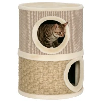 PawHut Krabton, 49 cm hoog, Ø35,5 cm tweelaagse kattenton met pluche rand krabmat, 2 holen Khaki+Koffie(m-11)