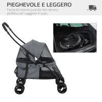 PawHut Passeggino per Cani Pieghevole con Tettuccio Regolabile, Borsa e 2 Guinzagli, 82x47x97 cm, Grigio e Nero(m-6)