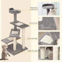 PawHut Copac pentru Pisici de 100 cm cu Pat Rotund, Stâlpi din Sisal și Acoperire de Pluș, Gri(m-4)
