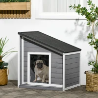 PawHut Hundehütte aus Massivholz, wetterbeständig, Asphaltdach, 71 cm x 58 cm x 77 cm, Grau + Weiß(m-10)