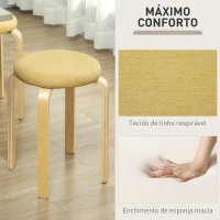 HOMCOM Conjunto de 4 Bancos Empilháveis Redondos Bancos Baixos de Cozinha com Assento Acolchoado Ø40x45 cm Amarelo e Madeira(m-5)