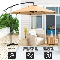 Outsunny Chapéu de Sol Excêntrico Ø 290 cm Chapéu de Sol de Jardim com Base Cruzada Capa de Proteção e Corda de Vento Cáqui(m-5)