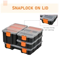 DURHAND Set Of 4 Plastic DIY Tool Storage Boxes w/ Inside Dividers Locking Lids Home Garage Organisation Stacking Arts Crafts Bolts Black Orange(m-6)