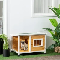 PawHut hondenhok met veranda, scharnierend dak, raam, verstelbare poten, natuurlijk hout, oranje, 85,5 x 62 x 60 cm(m-2)