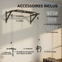 SPORTNOW Barre de traction murale barre de fitness multi-prise système de poulie à câble charge 200kg, acier 126x60x45,5cm, noir(m-7)